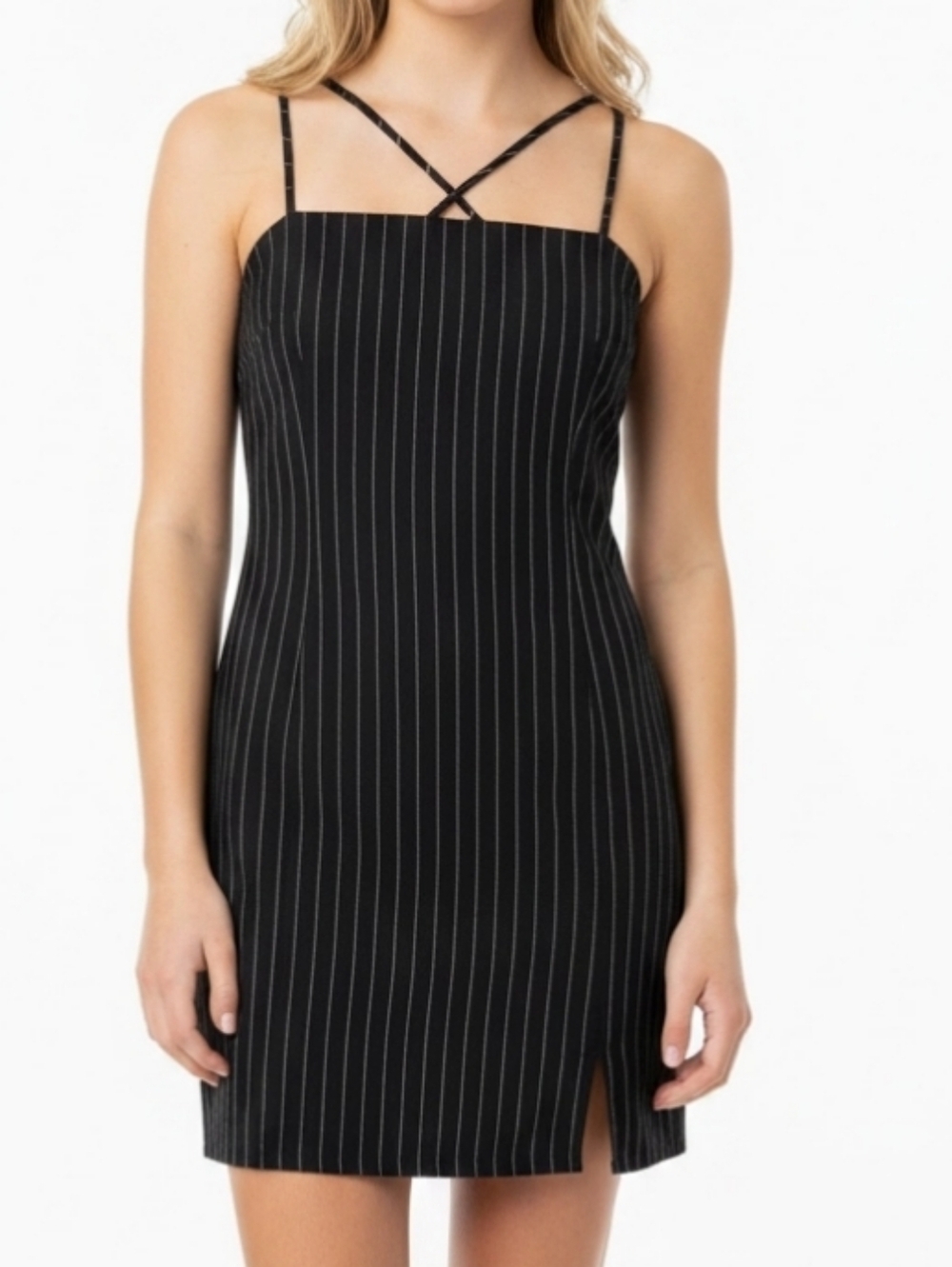 Elodie Black Pin Stripe Spagetti Criss Cross Back Adj. Strap Mini Dress Size M